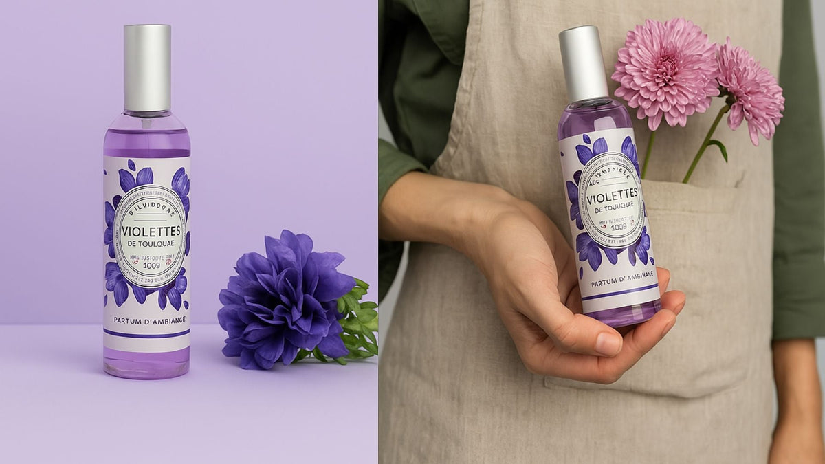 Parfum d’ambiance Violettes de Toulouse de Berdoues, présenté en flacon avec décor floral.