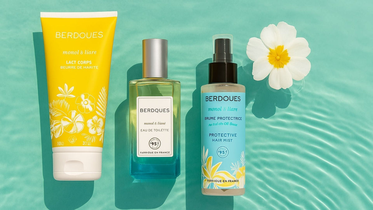 Produits Berdoues au monoï et fleur de tiaré, incluant une brume protectrice, un gel douche et un lait pour le corps.