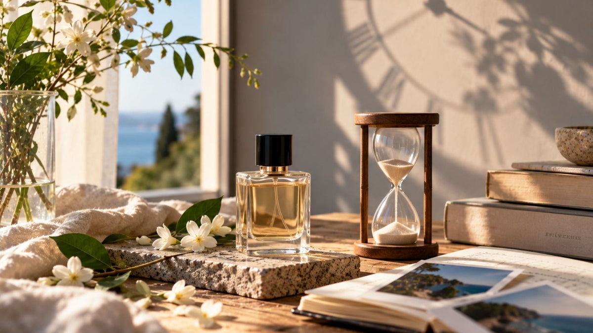 Parfum et sablier illustrant l’influence des odeurs sur notre perception du temps