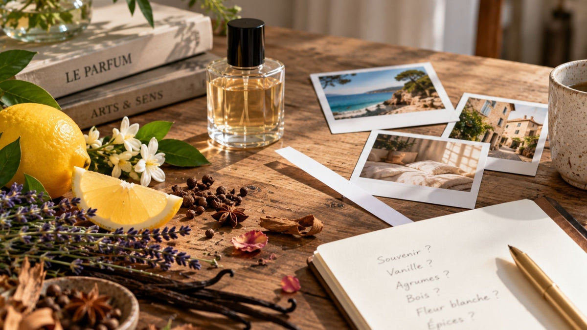 Parfum entouré de matières olfactives et de souvenirs illustrant la difficulté à identifier une odeur