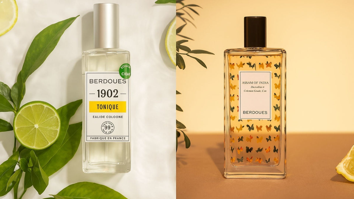 Deux parfums Berdoues : 1902 Tonique et Assam of India côte à côte sur fond lumineux.